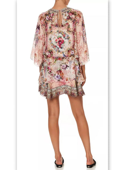 Layered Frill Floral Print Silk Short Dress - Dresses