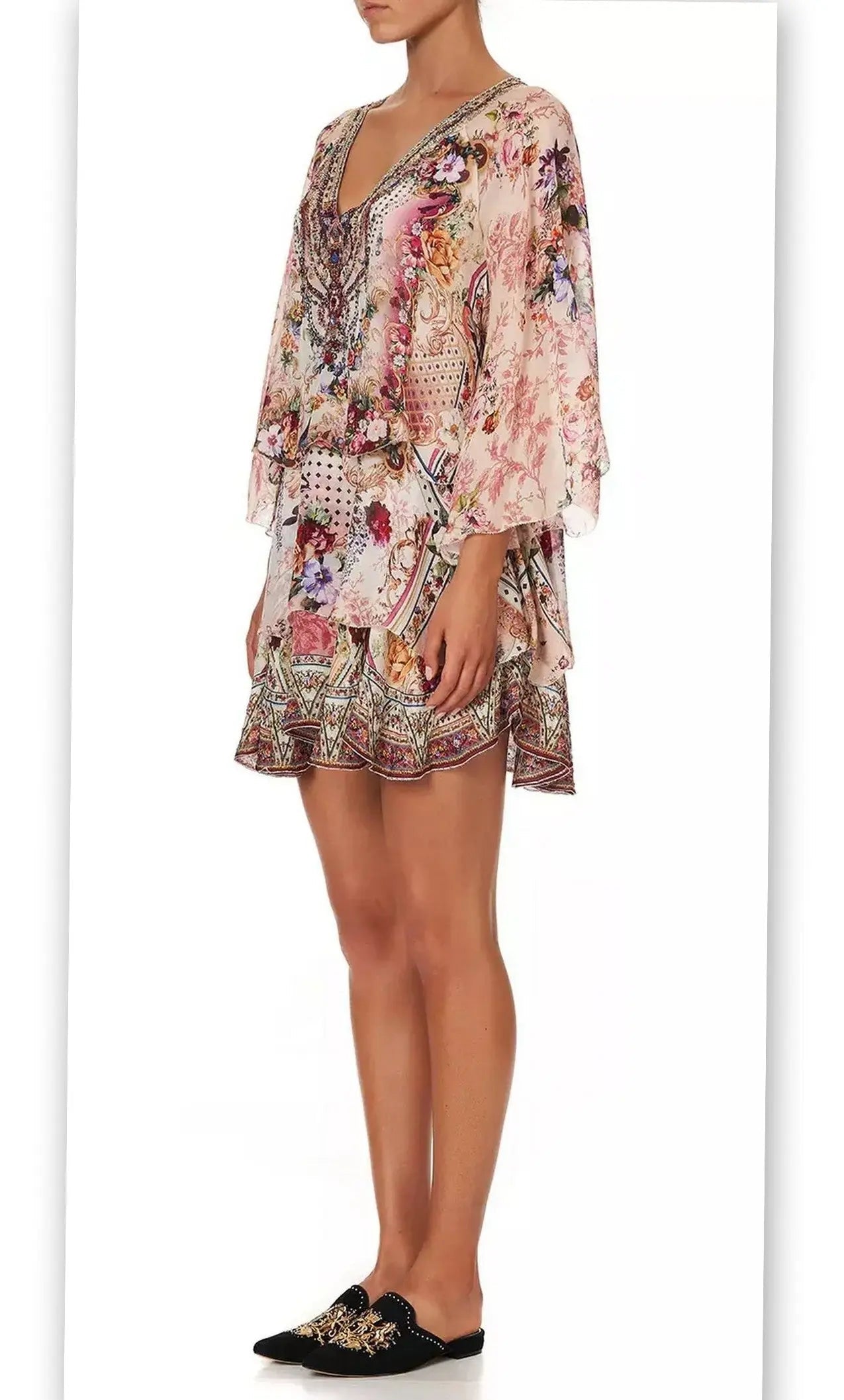 Layered Frill Floral Print Silk Short Dress - Dresses