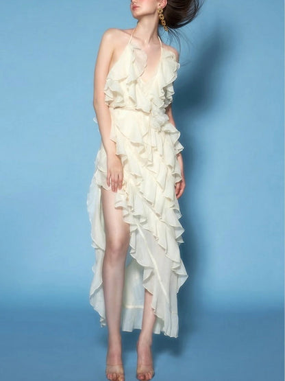 Layered Ruffled Maxi Dress with Floral Applique - Dresses