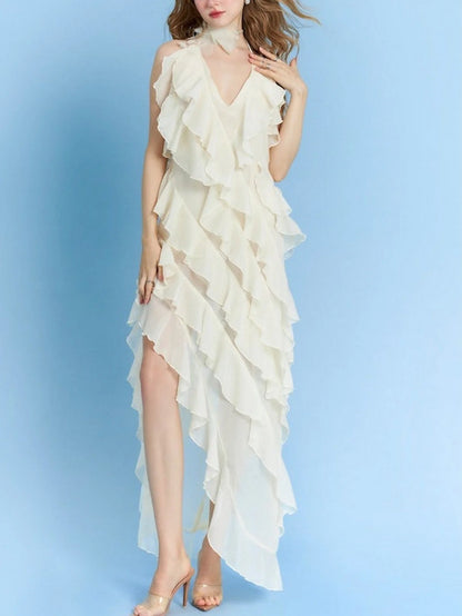 Layered Ruffled Maxi Dress with Floral Applique - Dresses