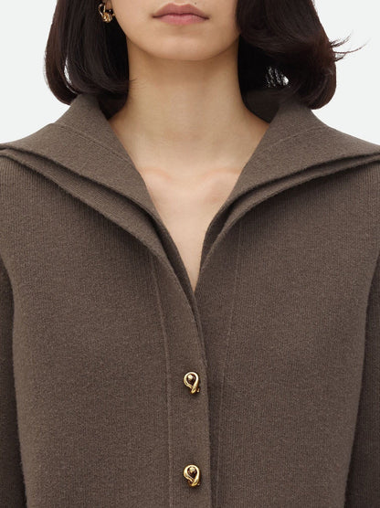 Layered Wool Knit Cardigan in Brown with Gold Knot Buttons - Sweaters & Knitwear