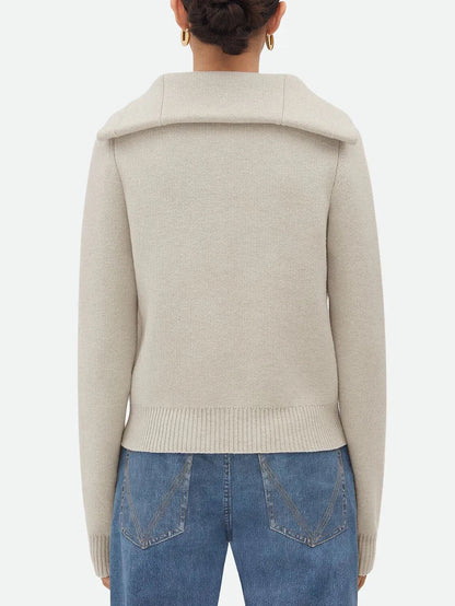 Layered Wool Knit Cardigan in Gray with Gold Knot Buttons - Sweaters & Knitwear