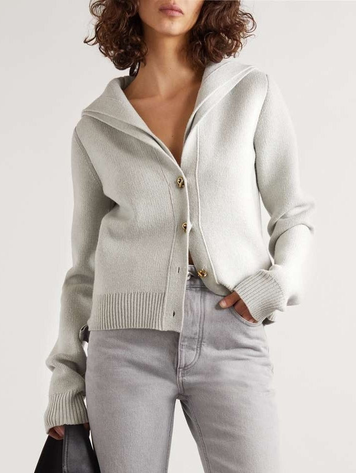 Layered Wool Knit Cardigan in Gray with Gold Knot Buttons - Sweaters & Knitwear