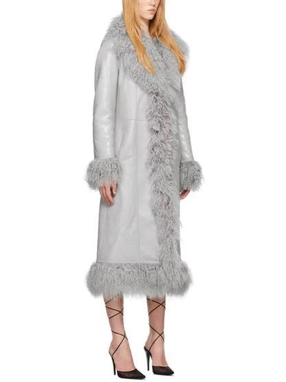 Leather and Lambswool Long Coat Gray - Coats