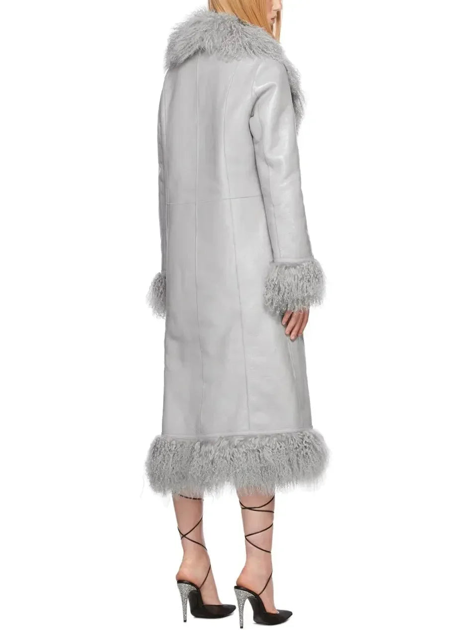 Leather and Lambswool Long Coat Gray - Coats
