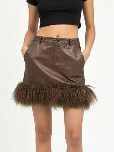 Leather Mini Skirt with Mongolian Fur Trim - Skirts