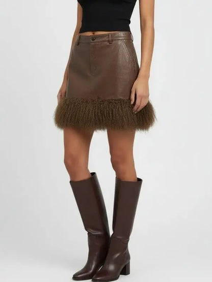 Leather Mini Skirt with Mongolian Fur Trim - Skirts
