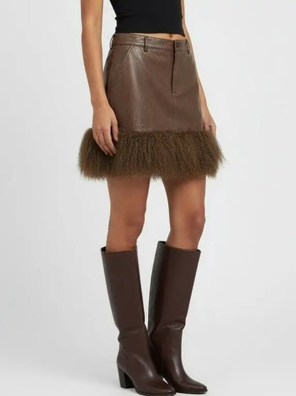 Leather Mini Skirt with Mongolian Fur Trim - Skirts