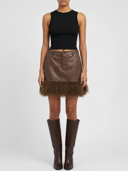 Leather Mini Skirt with Mongolian Fur Trim - Skirts