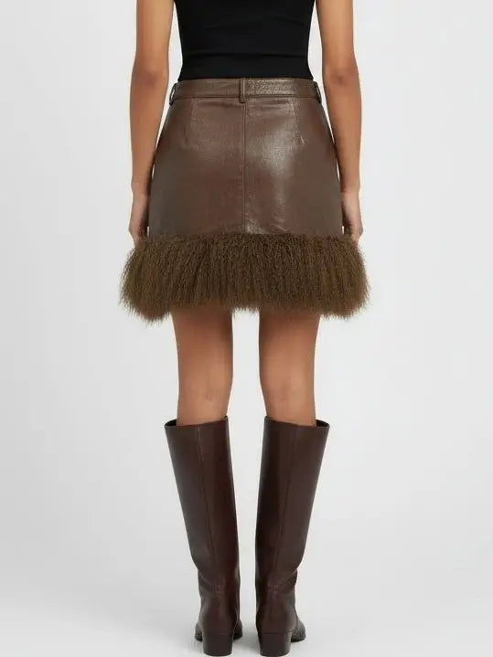 Leather Mini Skirt with Mongolian Fur Trim - Skirts