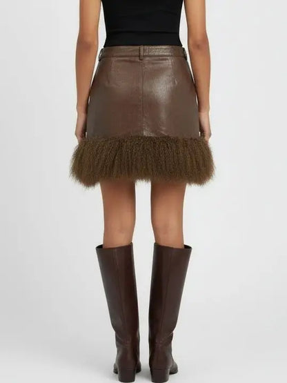 Leather Mini Skirt with Mongolian Fur Trim - Skirts