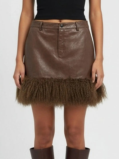 Leather Mini Skirt with Mongolian Fur Trim - S / Brown - Skirts