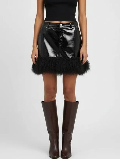 Leather Mini Skirt with Mongolian Fur Trim - S / Patent Black - Skirts