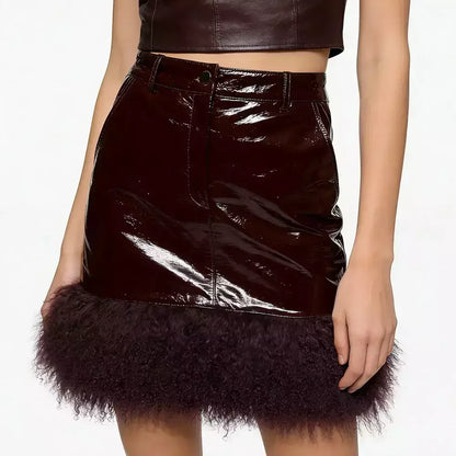 Leather Mini Skirt with Mongolian Fur Trim - S / Patent Burgundy - Skirts