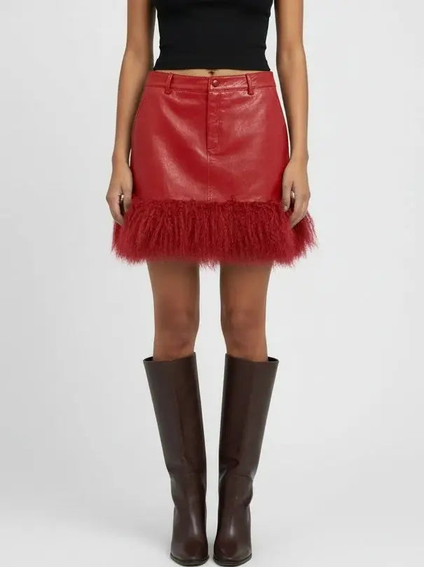 Leather Mini Skirt with Mongolian Fur Trim - S / Red - Skirts