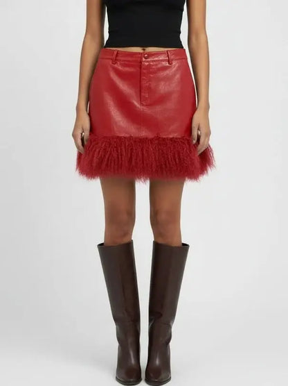 Leather Mini Skirt with Mongolian Fur Trim - S / Red - Skirts
