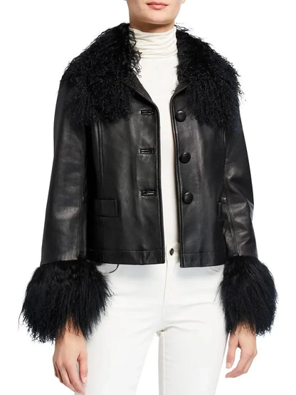 Leather Shearling-Collar & Cuff Jacket - Jackets