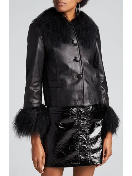 Leather Shearling-Collar & Cuff Jacket - Jackets