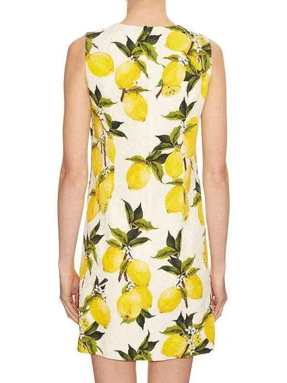 Lemon Print Floral-Brocade Embellished Dress - Dresses