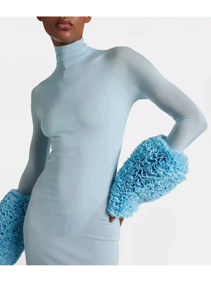 Light Blue High-Neck Sheer Gown with Puffed Ruffle Cuffs - Dresses
