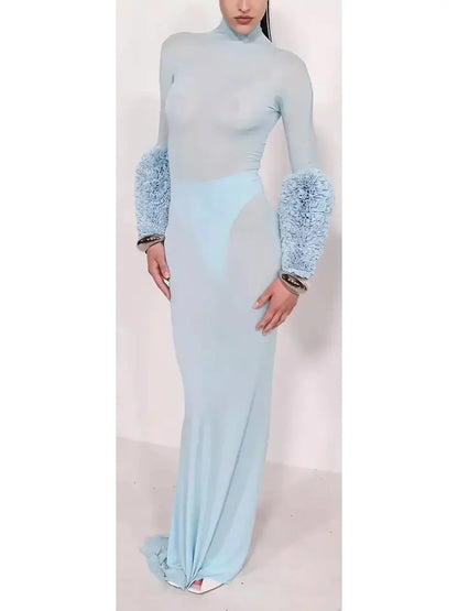 Light Blue High-Neck Sheer Gown with Puffed Ruffle Cuffs - Dresses