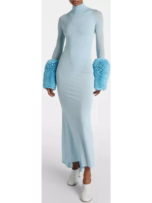 Light Blue High-Neck Sheer Gown with Puffed Ruffle Cuffs - Dresses