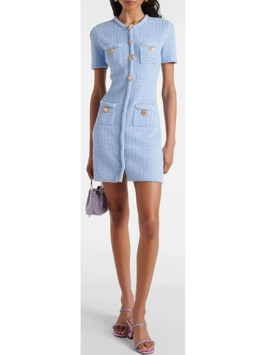 Light Blue Jewel-Button Knit Mini Dress - Dresses