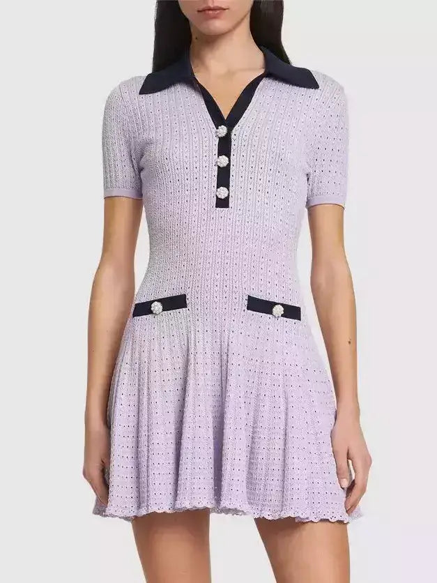 Lilac Knit Mini Dress with Flared Hem - Dresses