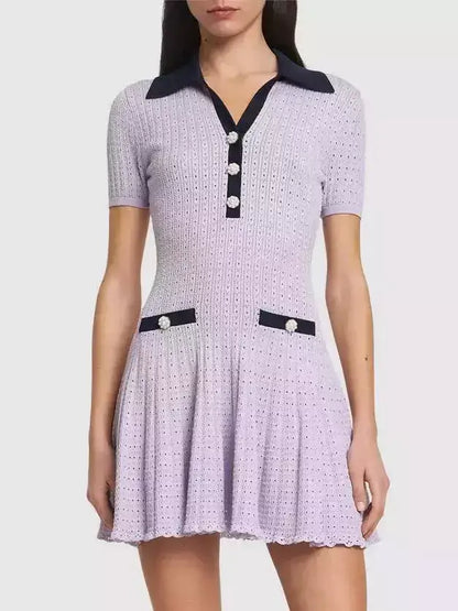 Lilac Knit Mini Dress with Flared Hem - Dresses