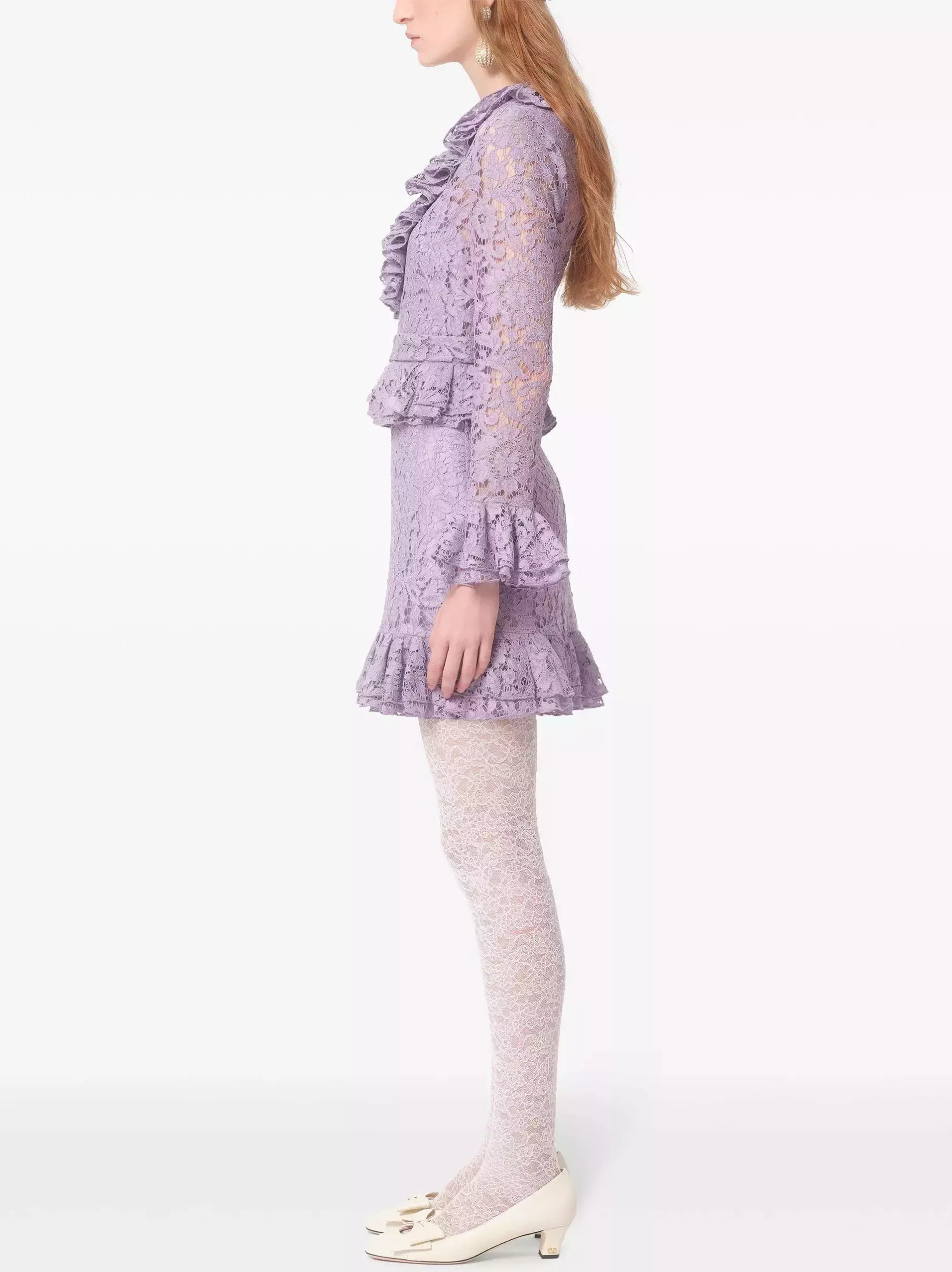 Lilac Ruffled V-Neck and Peplum Lace Mini Dress with lavender lace ruffles