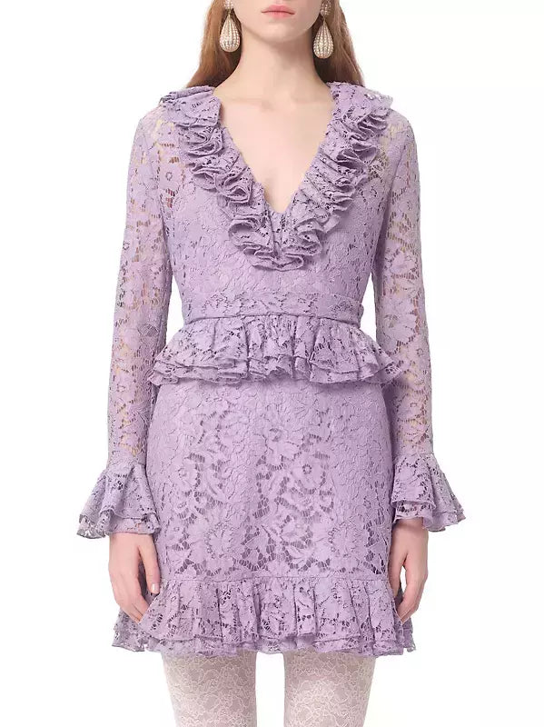 Lilac Ruffled V-Neck and Peplum Lace Mini Dress with lavender lace ruffles