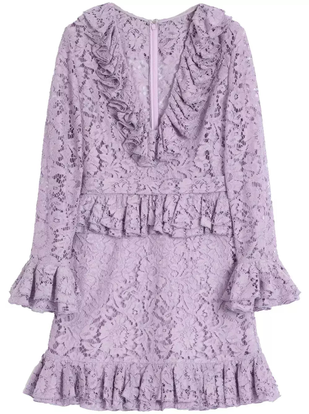 Lavender lace ruffle dress featuring a lilac ruffled v-neck and peplum lace mini style
