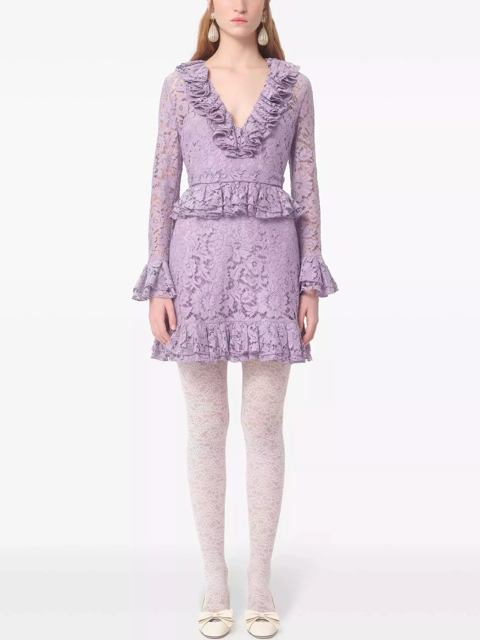 Lavender lace ruffle dress featured in Lilac Ruffled V-Neck and Peplum Lace Mini Dress