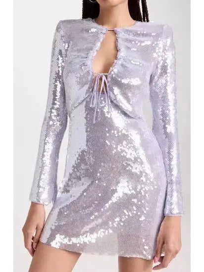 Lilac Sequin Gathered Mini Dress - Dresses