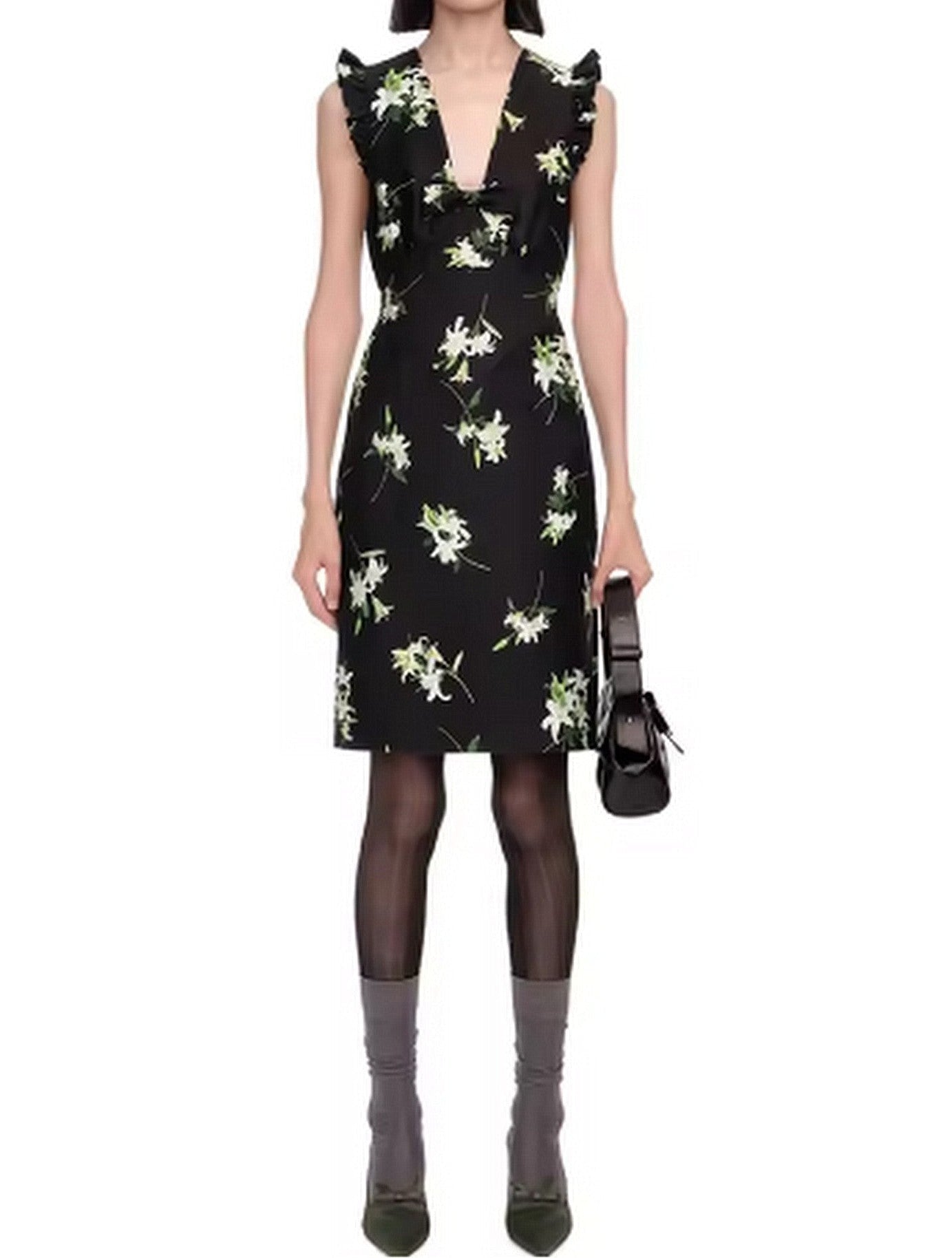 Lilies Printed Black Frill Bow Dress - Dresses