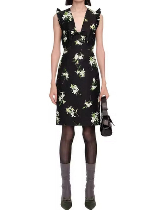Lilies Printed Black Frill Bow Dress - Dresses