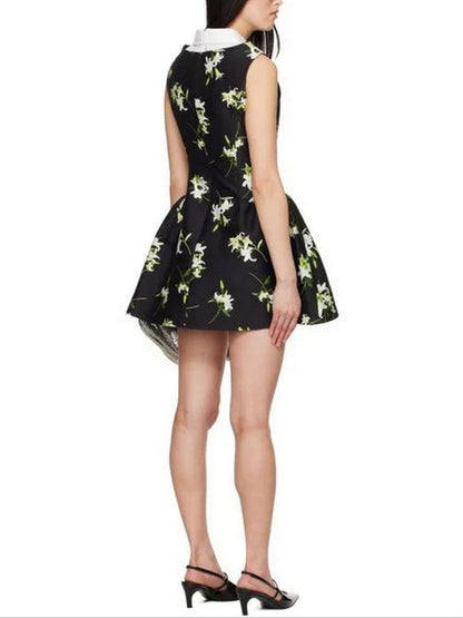 Lilies Printed Black Mini Dress - Dresses