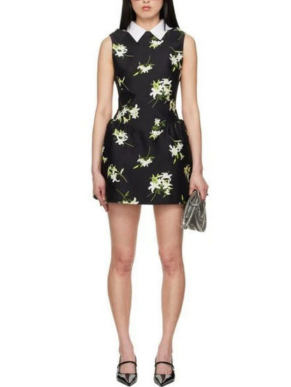 Lilies Printed Black Mini Dress - Dresses