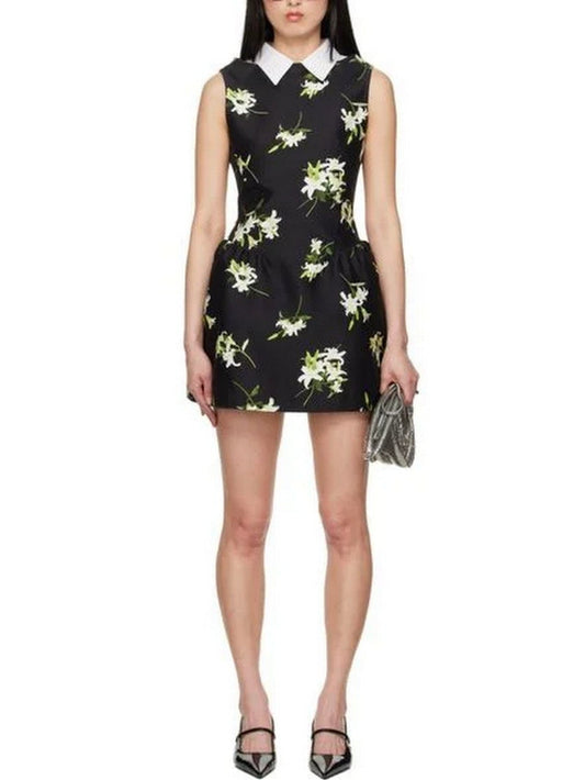 Lilies Printed Black Mini Dress - Dresses