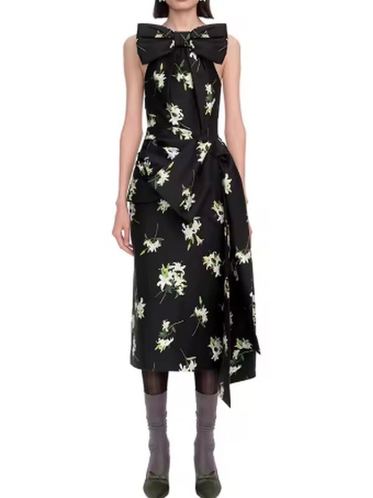 Lilies Printed Bow-Embellished Black Midi Dress - Dresses