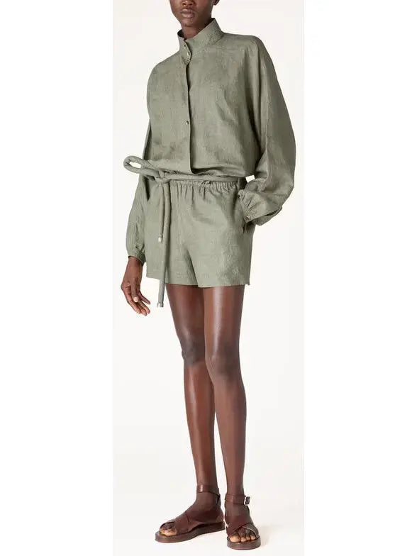 Linen Belted High-Neck Jumpsuit in Green - small - Suits & Sets