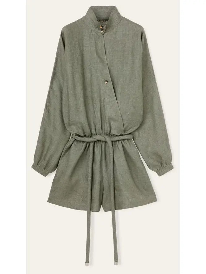 Linen Belted High-Neck Jumpsuit in Green - Suits & Sets