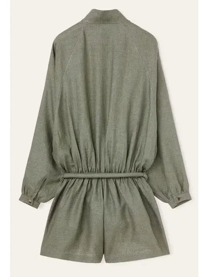 Linen Belted High-Neck Jumpsuit in Green - Suits & Sets