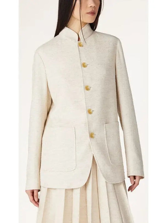 Linen-Blend Single Breasted High-Collar Jacket - Jackets