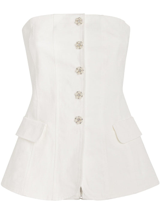 Linen-Blend Strapless Top with Jewel Buttons - Tops