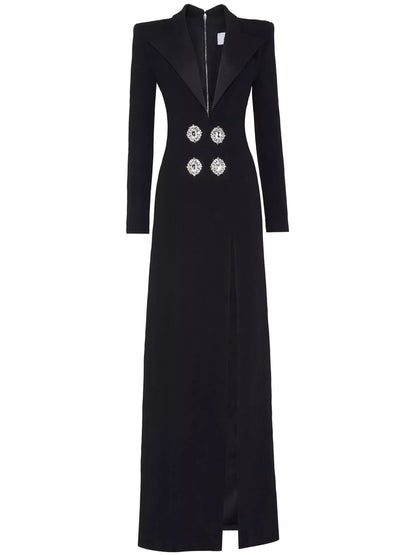 Long Black Blazer Dress with Crystal Buttons - XL - Dresses