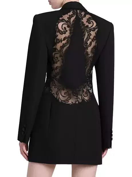 Long Black Double-Breasted Lace-Detail Blazer - Jackets