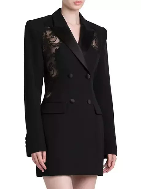 Long Black Double-Breasted Lace-Detail Blazer - Jackets