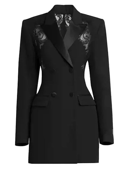 Long Black Double-Breasted Lace-Detail Blazer - Jackets