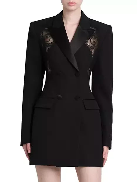 Long Black Double-Breasted Lace-Detail Blazer - Jackets